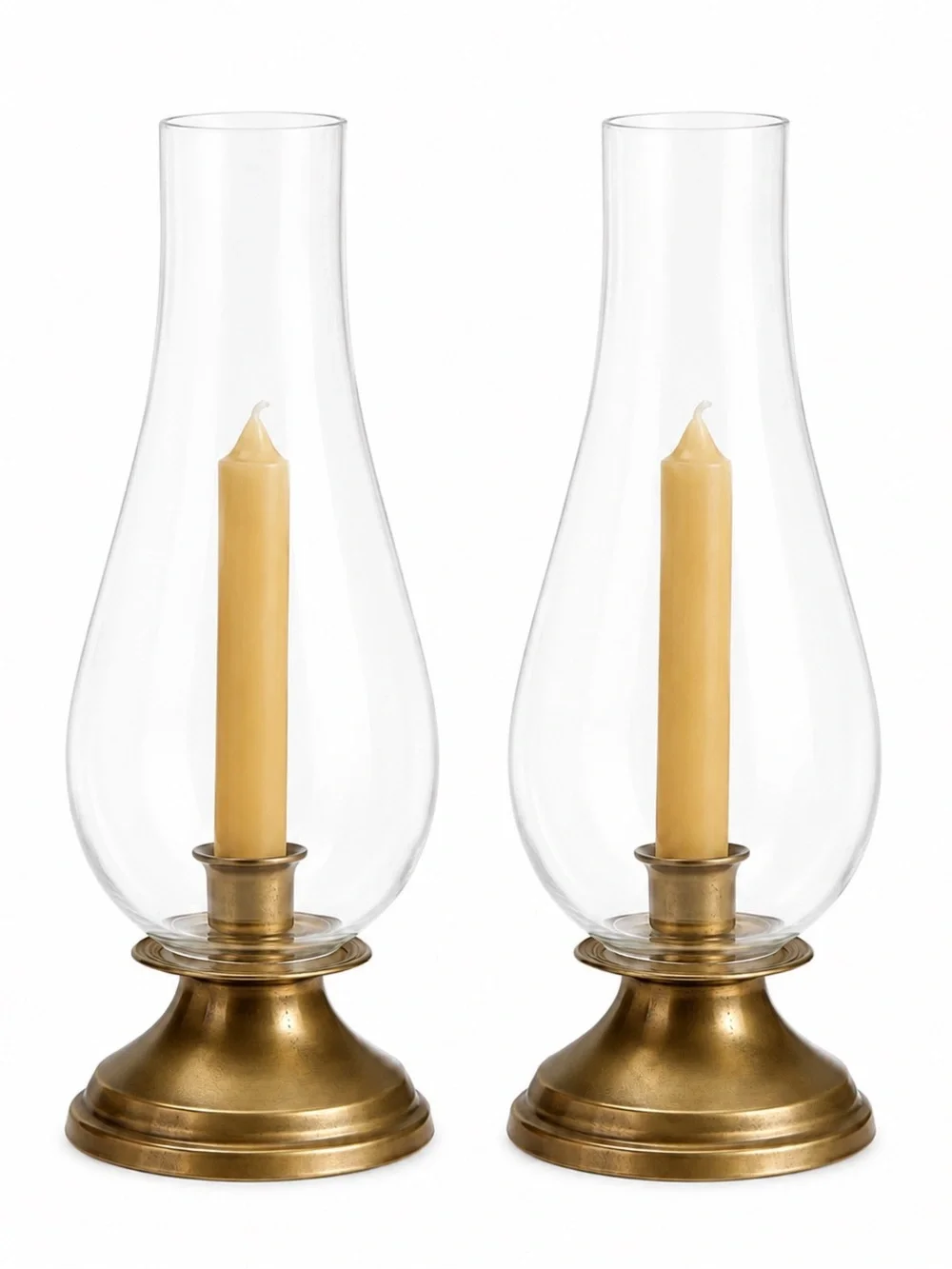 2 Vintage Glass Hurricane Lamps Brass Candle Holders with Cream Taper Candles